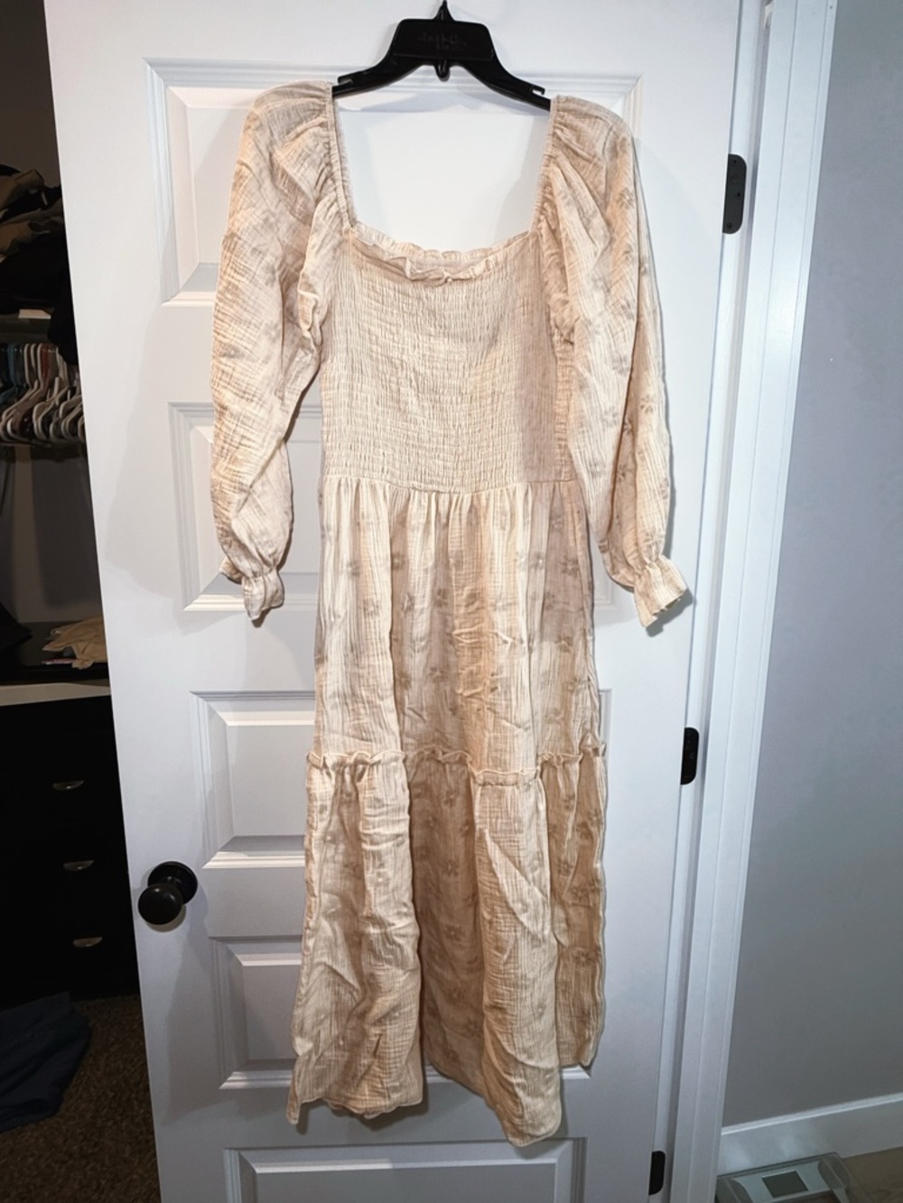 Cream Long-Sleeve Smocked Bodice Maxi Dress for Girls